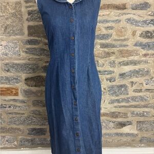 Vintage 90’s denim Sleeveless Dress with Peter Pan Collar Floral embroidery